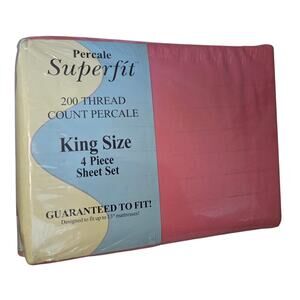 Vtg New Percale Super fit 200 Thread Count King Sheet Set Pink Solid